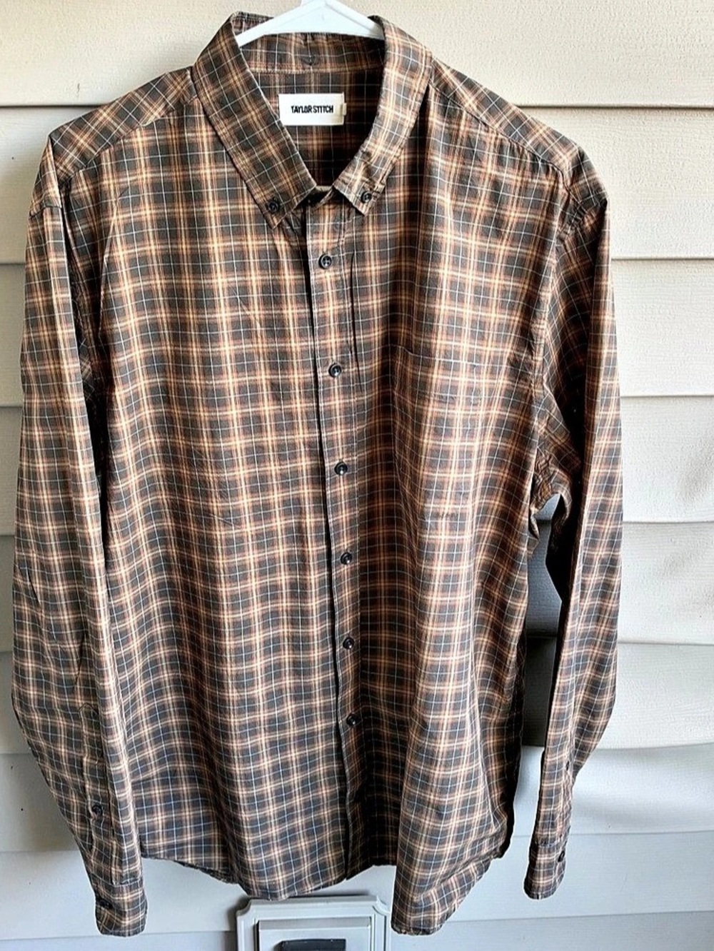 Taylor Stitch Brown Plaid Shirt Mens 44 XL 100% Organic Cotton Fall Casual
